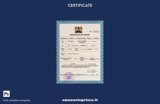modello PSD del certificato di morte del documento di stato civile del Kenya in 